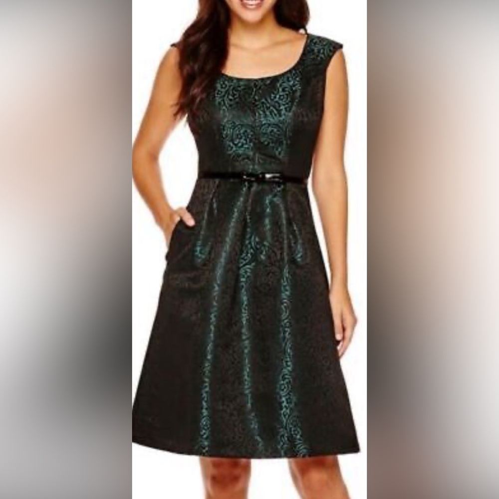 Evan Picone Dress Cocktail Emerald Green Black Brocade Sleeveless Fit & Flare 16